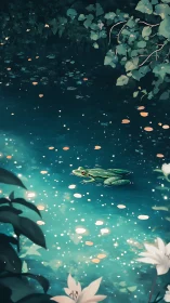 Moonlit pond whispers with a dreaming emerald frog afloat.