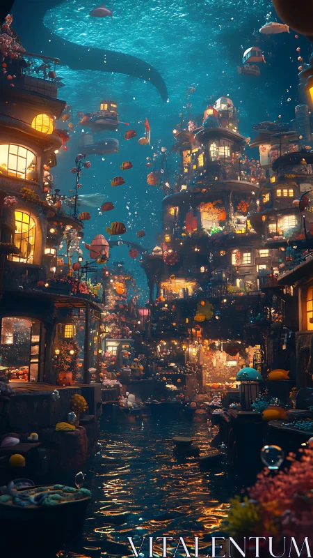 Lantern-lit underwater village where fish wander at dusk.