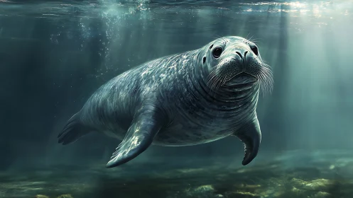 Harbor seal glides through teal shafts of underwater light.