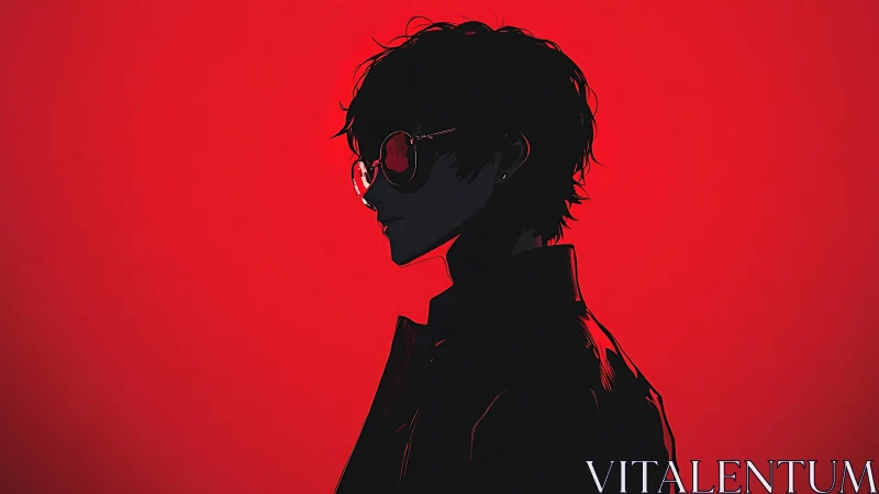 Silhouetted youth in red glow wearing reflective glasses.