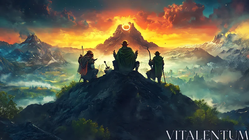 Fantasy adventurers on mountain peak facing fiery volcano