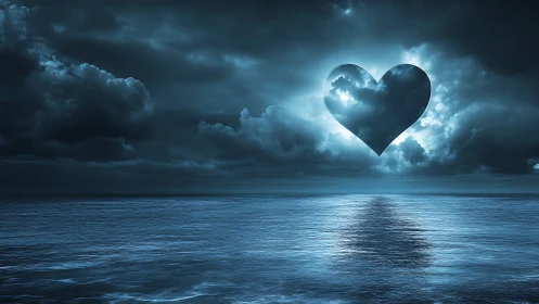 Heart shaped aperture glowing through volumetric storm clouds above ocean