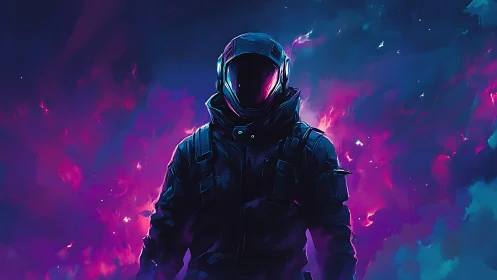 Neon void wanderer strides through cosmic electric storm.