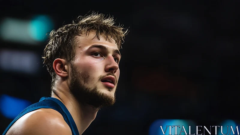 Close-up courtside portrait of male basketball player in focus