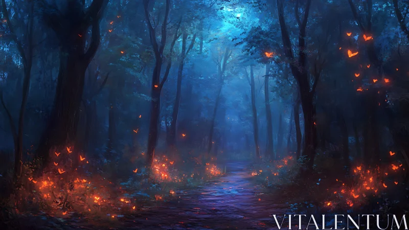 Forest Path with Bioluminescent Phenomena and Flame Particles