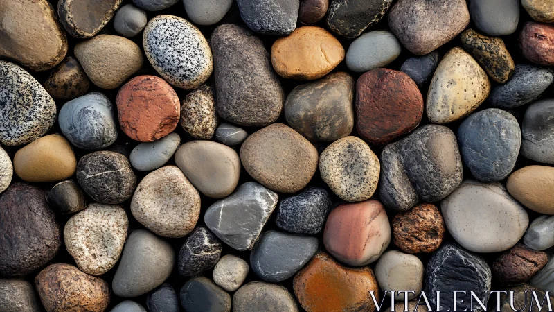 Wet river stones form dense chromatic field under soft light