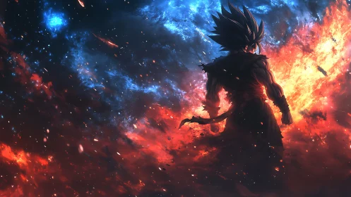 Silhouetted warrior amid contrasting blue and red energy fields.