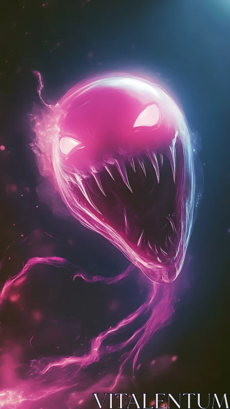 Neon spectral entity with glowing fanged visage in void.
