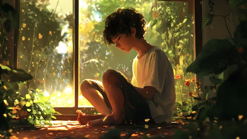 Quiet morning light wraps a thoughtful boy in garden calm