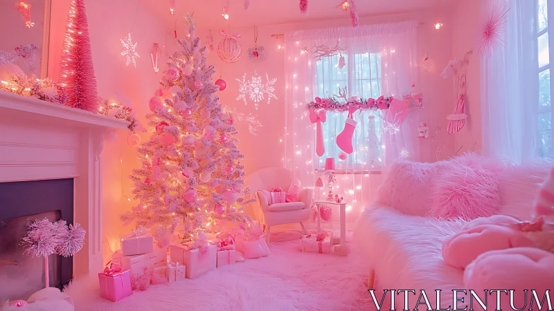 Monochrome pink Christmas interior with ambient festive lighting.