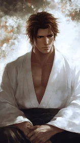 Martial artist seated in white robe against clouded backdrop.