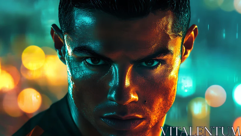 Intense athlete portrait under neon rainlit bokeh glow.