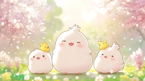 Charming trio of plump bird characters with attendant sprites in floral garden setting.