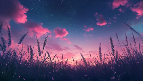 Starlit twilight meadow glows beneath vivid pink clouds