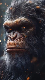 Firelit gorilla elder studies sparks with quiet defiance