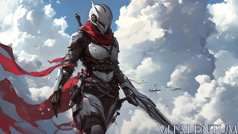Armored sky operative strides through clouds with dynamic ribbons