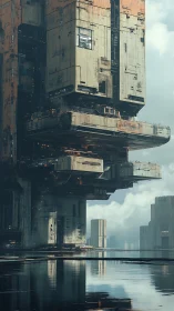 Monolithic sci fi structure looms above reflective water surface.