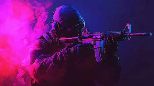 Neon commando with rifle in colored tactical smoke.