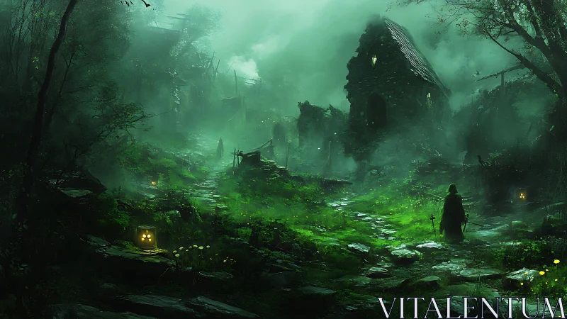 Hooded wanderer enters misty ruin with eerie green glow.