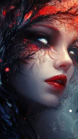 Bio-organic cyber siren portrait in molten crimson light.
