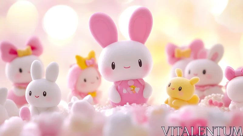 Toy rabbit figures are arranged in a soft-focus pastel scene