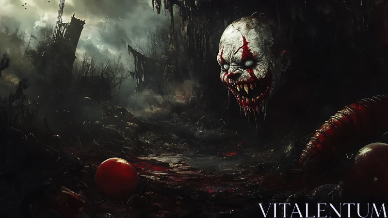 Grotesque clown head emerges in ruined industrial wasteland