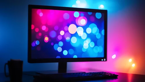 Photoreal desktop monitor with neon bokeh gradient display.