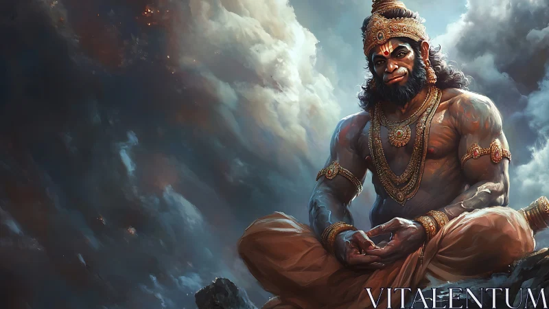 Hanuman figure seated amid dense cloud-filled sky backdrop.