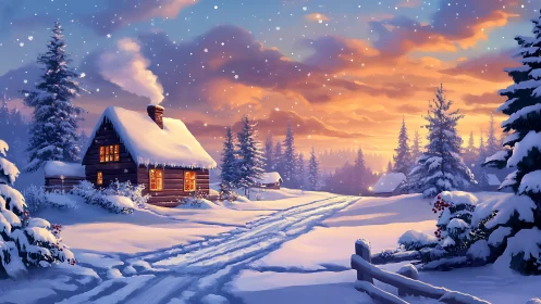 Snowy cabin glows warmly beneath a vivid winter sunset