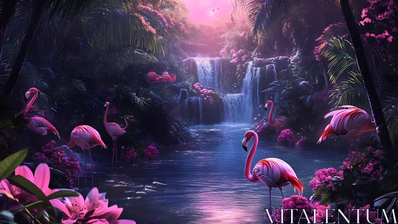 Flamingos stand in luminous tropical lagoon below waterfalls