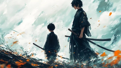 Samurai mentors walking through swirling painted winds.