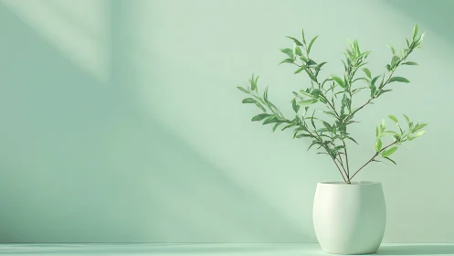 Minimalist green plant in white pot against soft mint wall.