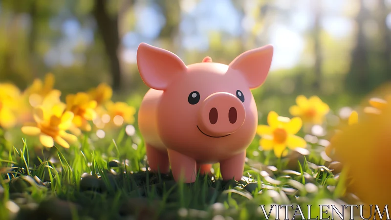3D stylized piglet in sunlit meadow with shallow depth of field.