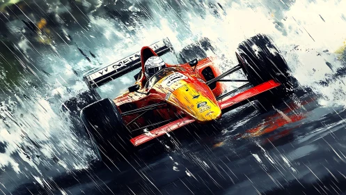 Red Formula race car powers through heavy rain on track