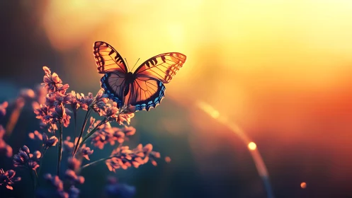 Digital painting of butterfly on wildflowers at sunset glow.