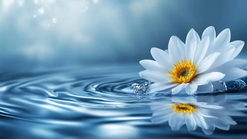 White water lily drifts serenely on rippling blue water.