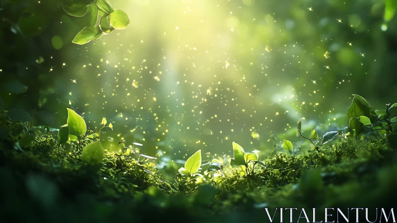 Magical forest glade with glowing fireflies and sunbeams, ethereal style.