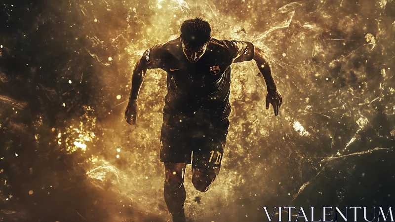Explosive golden motion portrait of dynamic football runner.
