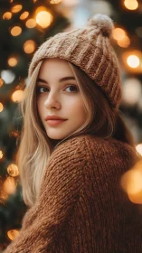 Soft winter portrait glows amid golden festive lights