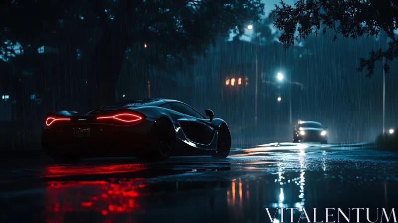Supercar under neon rainlight curves through reflective night street