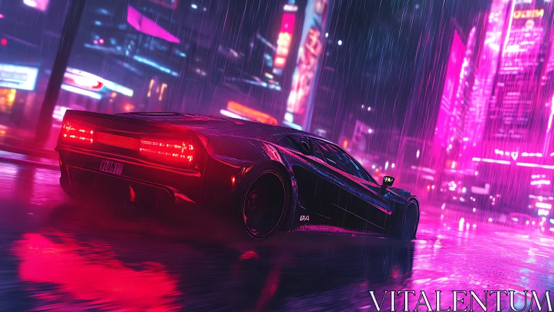 Neon supercar races through rain‑soaked cyberpunk streets.