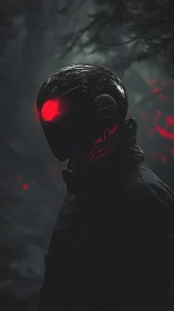 Red-eyed sentinel stalks through the fog-drowned cyber forest