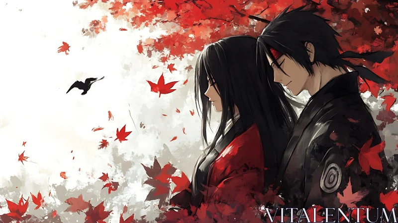 Samurai couple in red maple storm, contemplative side profile.