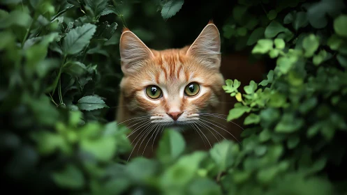 Orange Tabby Cat Peering Through Green Foliage with Striking Chartreuse Eyes