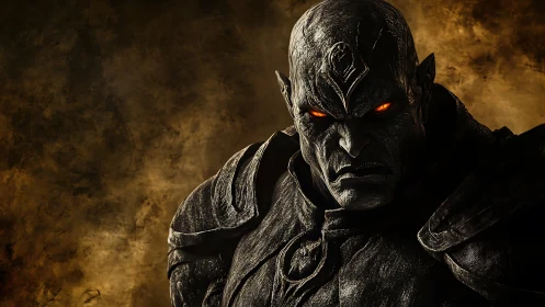 Dark stone warlord portrait in moody chiaroscuro lighting.