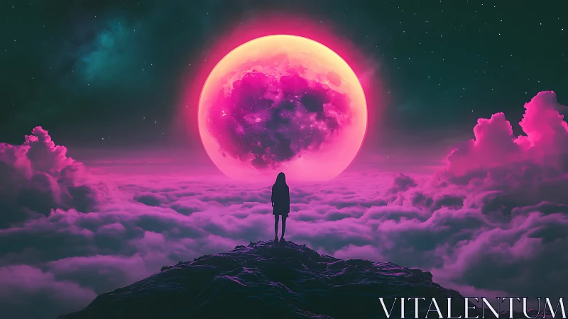 Silhouette stands before oversized neon pink moon above clouds