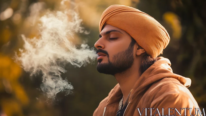 Man in turban exhaling smoke outdoors in warm light.