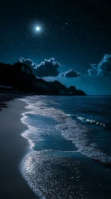 Moonlit waves roll softly along a tranquil starlit shore