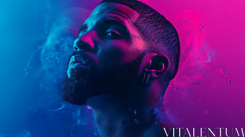 Moody neon portrait bathed in bold blue and pink glow.