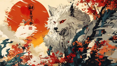Mythic white wolf yokai before crimson sun in autumn forest